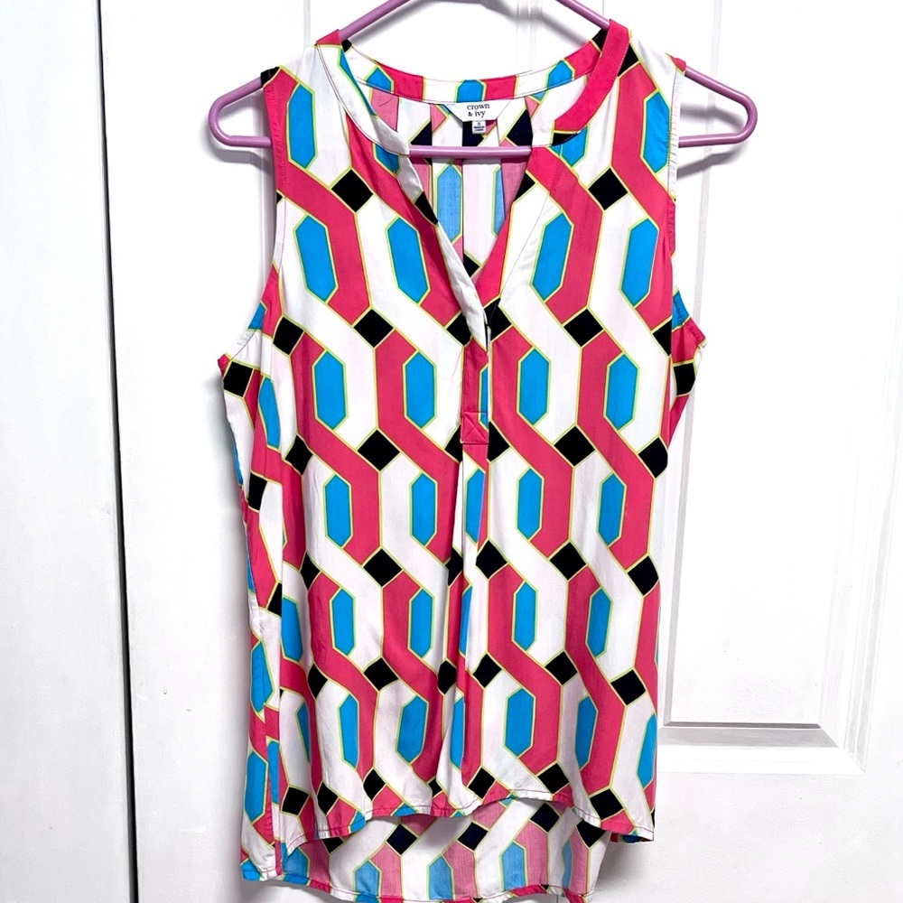 crown & ivy Geometric Sleeveless Top in Pink, Teal & Black Size S